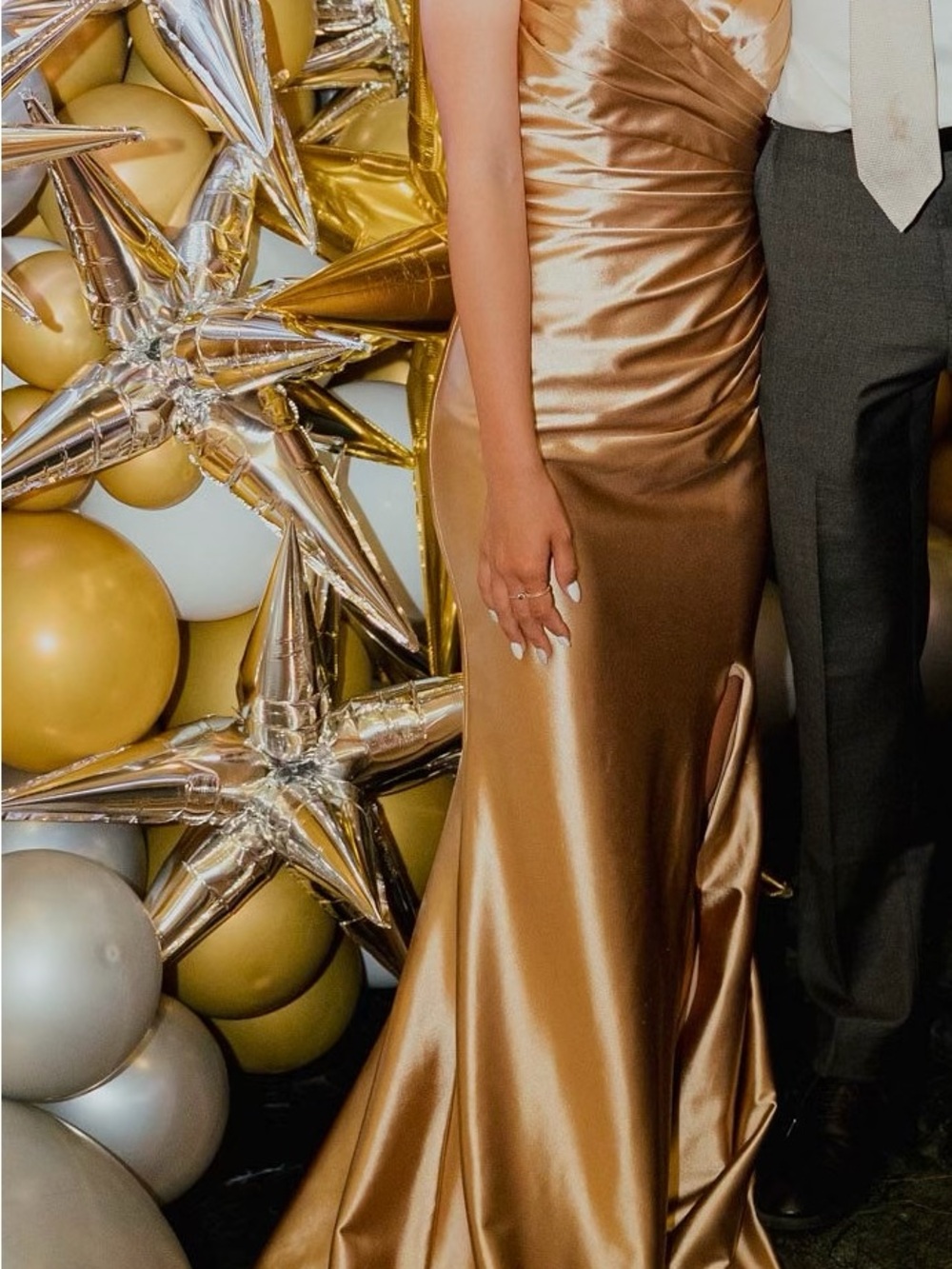 Faviana Gold Satin Prom Gown with Metallic Shine